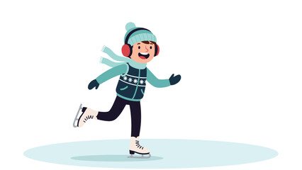 Fototapeta premium Cheerful young boy ice skating on a frozen pond wearing warm winter clothes and earmuffs for outdoor seasonal fun.