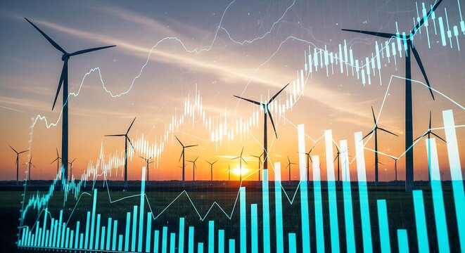 futuristic wind farm at sunset with digital energy network overlay