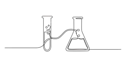 Fototapeta premium Single line drawing of a test tube and flask connected by tubes