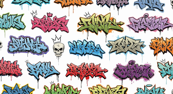 Colorful Collection of Various Urban Graffiti Tags and Lettering Styles with Skull Illustration on White Background