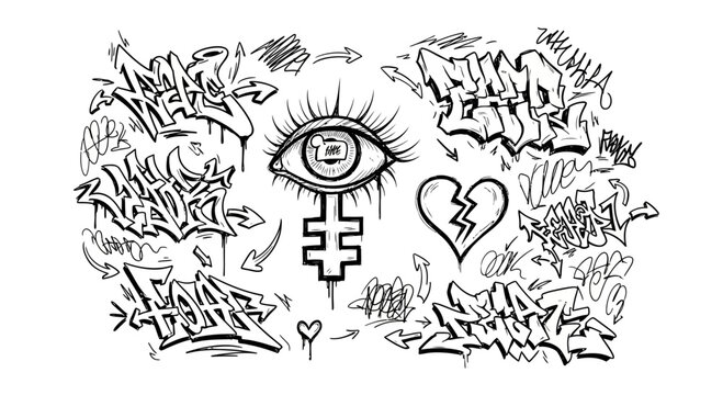 Black and White Urban Street Art Illustration Featuring Graffiti Tags, Stylized Eye Icon, and Broken Heart Sketches