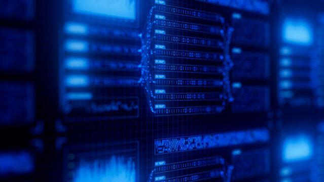 Abstract blue big data flow visualization of binary neural network learning process. Quantum computing of artificial intelligence. Futuristic digital ai technology algorithm of data stream.