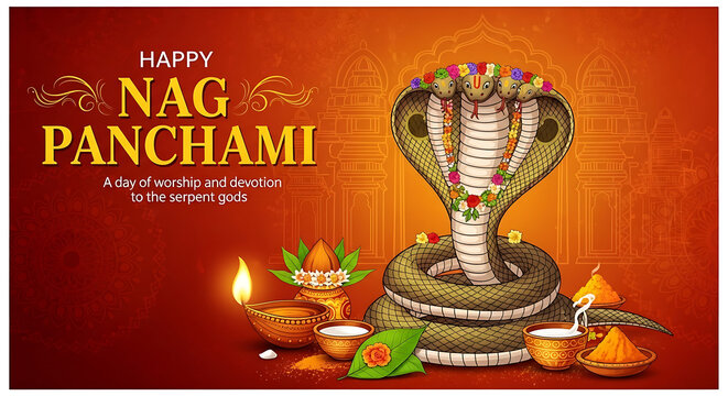 Happy nag panchami festival background with illustration of serpent god, diya lamp, milk offering and traditional decorations for hindu religious celebration