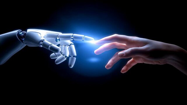 Human Hand and Robotic Hand Are Reaching out to Each Other Against a Dark Background Creating a Moment of Connection and Interaction
