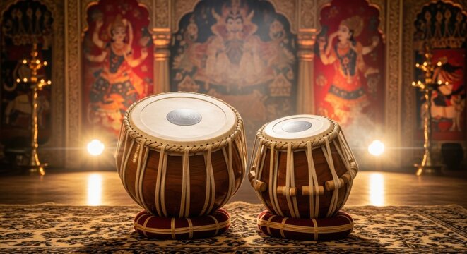 Two traditional indian tabla drums on a decorative rug in a temple