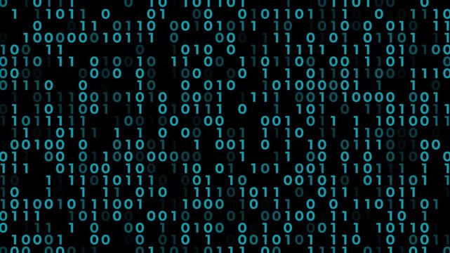Digital binary code flows against a dark background