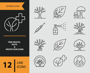 Collection of tree health and protection line icons on gray background © MdMasudRana