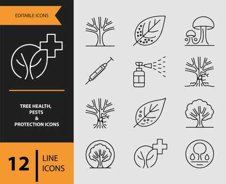 Collection of tree health and protection line icons on gray background