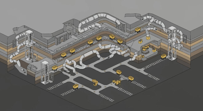 Isometric view of an underground complex with tunnels, shafts, and circular platforms.