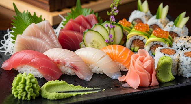Fresh Japanese Sushi and Sashimi Assortment Platter with Nigiri, Maki Rolls, Wasabi, and Pickled Ginger
