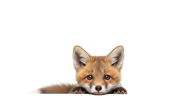 A cute baby fox peeking over a white surface with its paws resting on the edge, looking directly at the camera with big, innocent eyes.