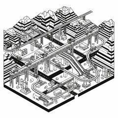 Obraz premium Isometric illustration of a complex transportation network with roads, bridges, and trains.