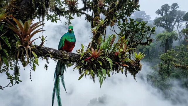 A high-altitude cloud forest at dawn, epiphyte-covered trees dripping with condensation as clouds drift through the canopy at walking pace, a resplendent quetzal perched on a