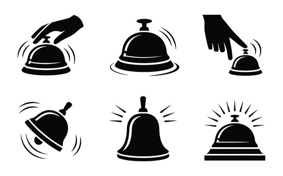Service bell icon set with hand ringing button for hotel reception hospitality assistant and call notification vector silhouette.