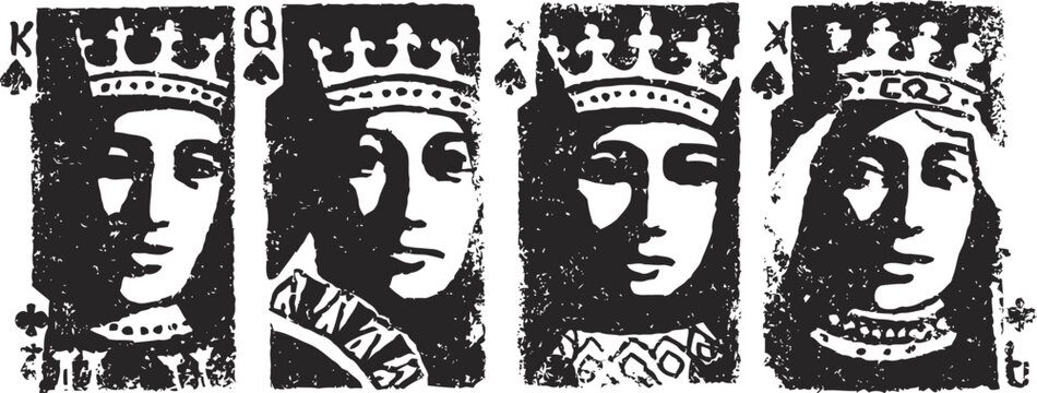 Black and white vintage playing card faces of kings and queen in classic design