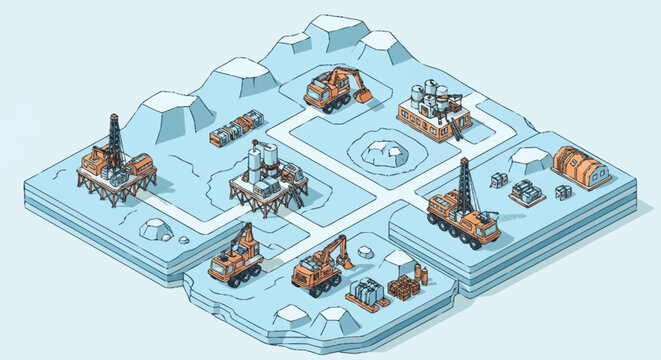 Isometric illustration of an industrial arctic drilling and extraction site with heavy machinery and equipment.