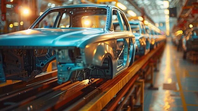 Multiple blue car frames effortlessly slide along a sophisticated assembly line under intense overhead lighting within a state-of-the-art automotive manufacturing facility