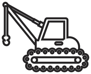 Minimalist black line art vector icon illustration of a crawler crane with a lifting hook and continuous tracks, ideal for construction, industrial, and heavy machinery design projects. © Fatima