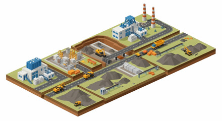 Obraz premium Isometric illustration of an industrial coal mining operation with extraction, processing, and transportation stages.
