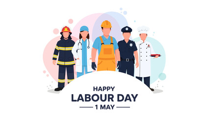 Diverse Professionals in Unity: An illustrative panorama of dedicated professionals from various essential vocations stands united to celebrate Labour Day. © Karima