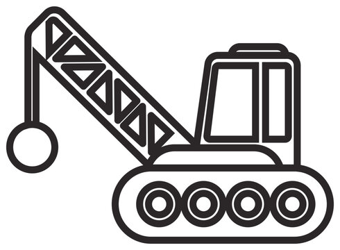 Wrecking ball crane vector icon illustration for demolition and construction projects, featuring a heavy machinery crawler with a large metal ball for building destruction and site clearing.