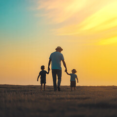 Fototapeta premium A man walking with two small children holding hands in a field at sunset or sunrise with a beautiful colorful sky