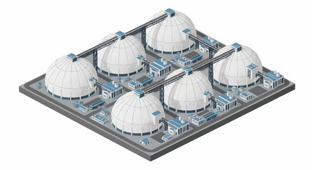 Isometric view of a modern industrial complex with large storage silos and connecting infrastructure. © Sego