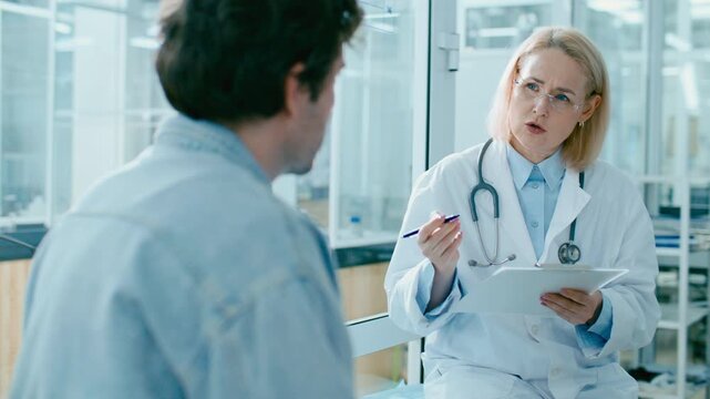 Female doctor wearing white coat and stethoscope asking questions and taking notes on clipboard while discussing health condition with patient during medical checkup in clinic