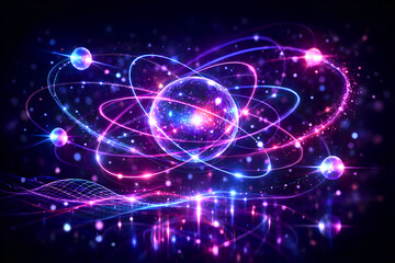 Obraz premium Abstract atom model with glowing electrons orbiting nucleus in cosmic nebula