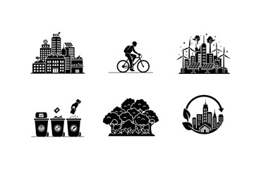 Naklejka premium Sustainable urban living concepts with eco-friendly city elements and recycling icons