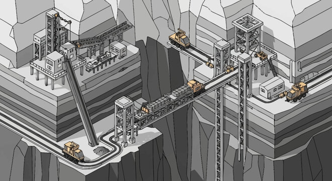 Cross-section of a complex industrial mining operation with multiple levels and transport systems.