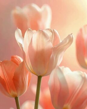 Softly lit pink tulips bloom gracefully with delicate petals against a warm, blurred background. video
