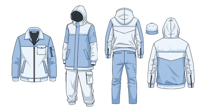 Technical fashion illustrations of diverse blue and white outerwear garments including jackets a parka and tracksuits for apparel design use
