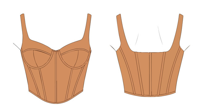 Detailed technical flat drawing of a contemporary women's fashion corset top or bustier with shoulder straps, precisely depicting front and back