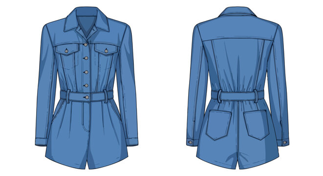 Blue denim belted long-sleeved romper technical flat sketch. Collared neckline, button front, chest and back pockets. Fashion apparel design concept.