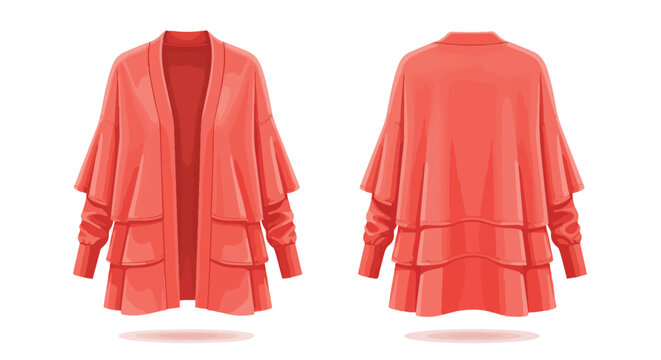 Stylish coral open cardigan with tiered ruffle sleeves and layered hemline fashion women's apparel design vector illustration