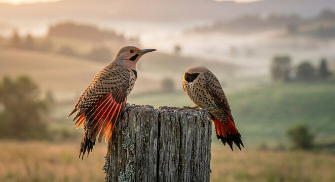 A soft, environmental portrait of a Northern Flicker perched on a weathered fence post at sunrise. The low-angle, golden light backlights the bird