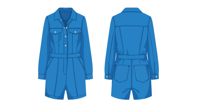 Modern blue denim-style playsuit with front and back views showcasing casual fashion design and contemporary style choices for versatile seasonal