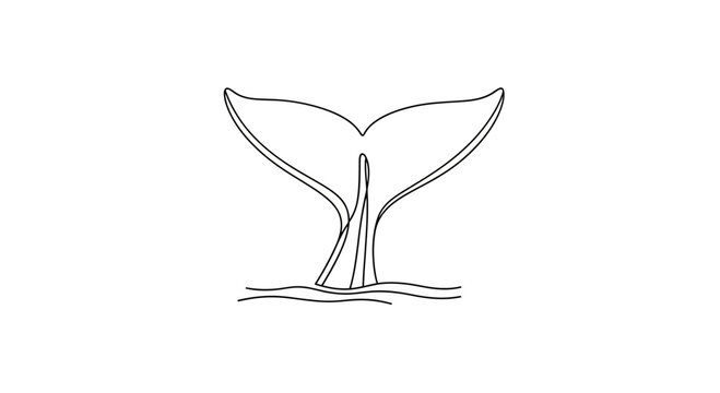 A simple black line drawing of a whale's tail fin rising from wavy water