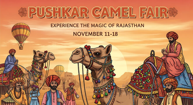 Pushkar camel fair, rajasthan, india, cultural festival illustration with camels, traditional attire, hot air balloons, and desert landscape at sunset