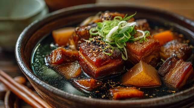 Close-up of japanese braised pork belly (buta kakuni) with daikon carrots sesame green