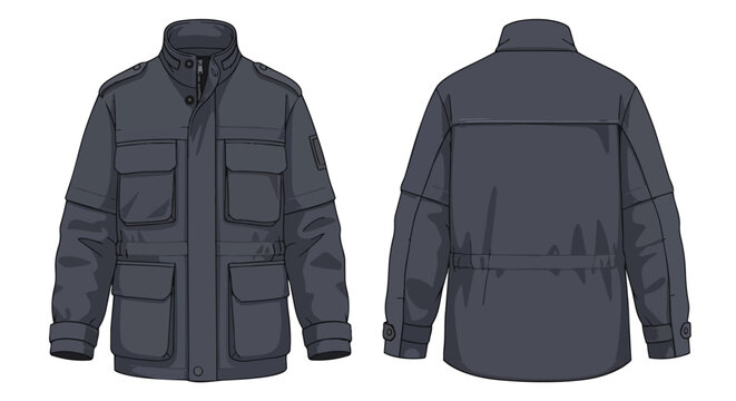 Detailed technical illustration of a versatile tactical utility field jacket in a dark shade showcasing the front and back design with multiple