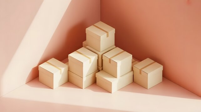 Stacked cube boxes in pastel room, abstract minimal composition