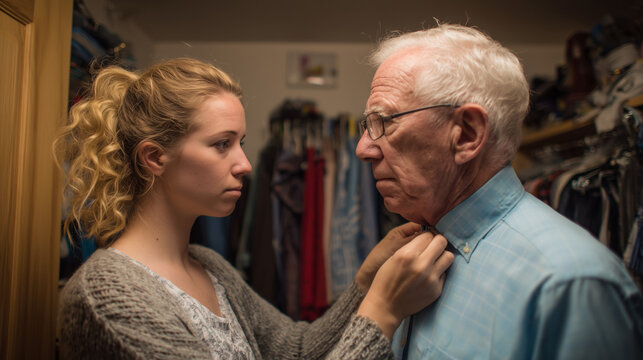 Granddaughter Helping Elderly Grandfather Get Dressed.