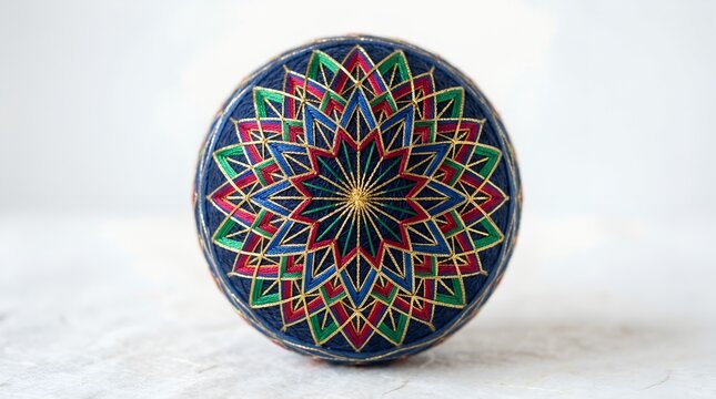 Japanese temari ball intricate geometric embroidery close-up traditional handcraft art on white background