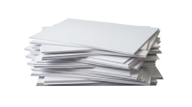 Large stack of white printer or copier paper sheets on a plain surface