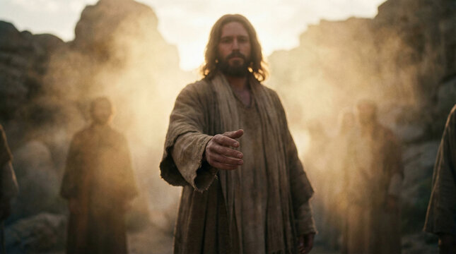 Figure of Jesus in extends hand in a desert landscape, surrounded by figures in the background, with dust particles visible. Biblical scenes, suitable for religious content, Easter concept