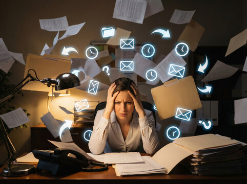 Woman overwhelmed by paperwork and digital notifications at a desk, with floating icons of emails, clocks and question marks surrounding her, illustrating stress, information overload, and burnout