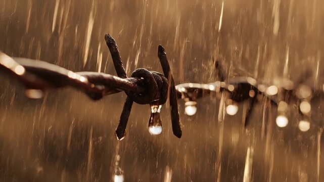 Rain falling on rusty barbed wire, macro shot