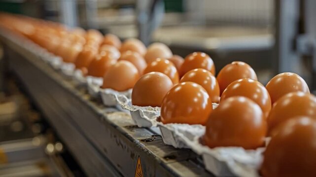 Poultry facility workers efficiently manage egg sorting conveyor belt, carefully placing fresh eggs into cartons leveraging management efficiency techniques well-lit egg processing facility during day
